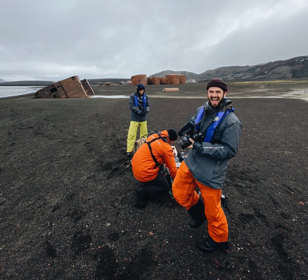 Cory Martin on set in Antartica