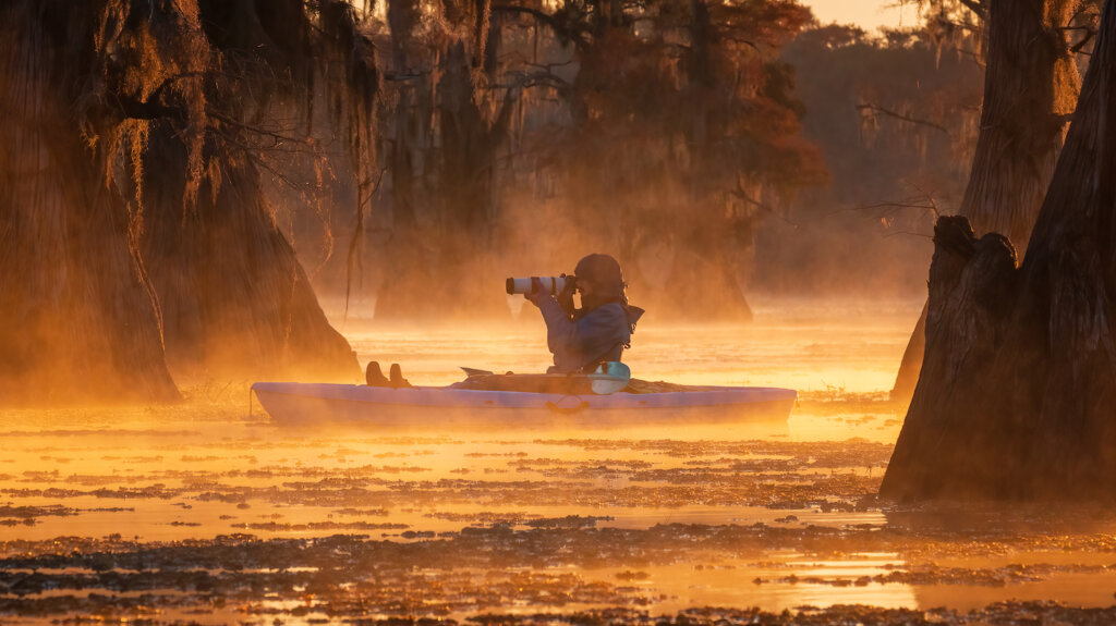 Alex Armitage taking photos in a swamp on misty morning